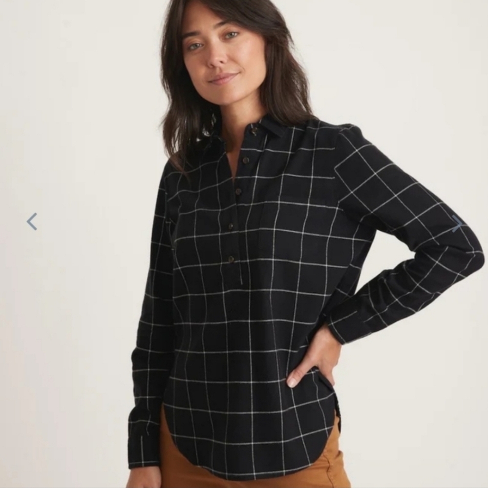 Marine Layer Josie Long Sleeve Relaxed Popover Windowpane Plaid Shirt Size Small